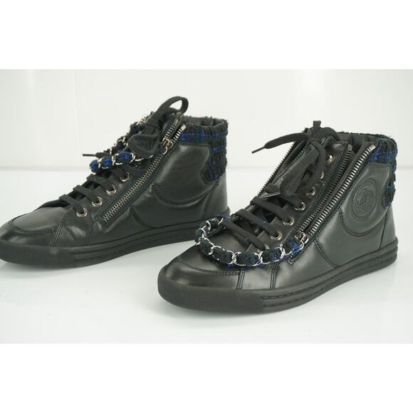 Chanel Black Leather XL CC Logo High Top Sneaker SZ 35 Chain Zip Tweed $1025 New - Picture 4 of 10